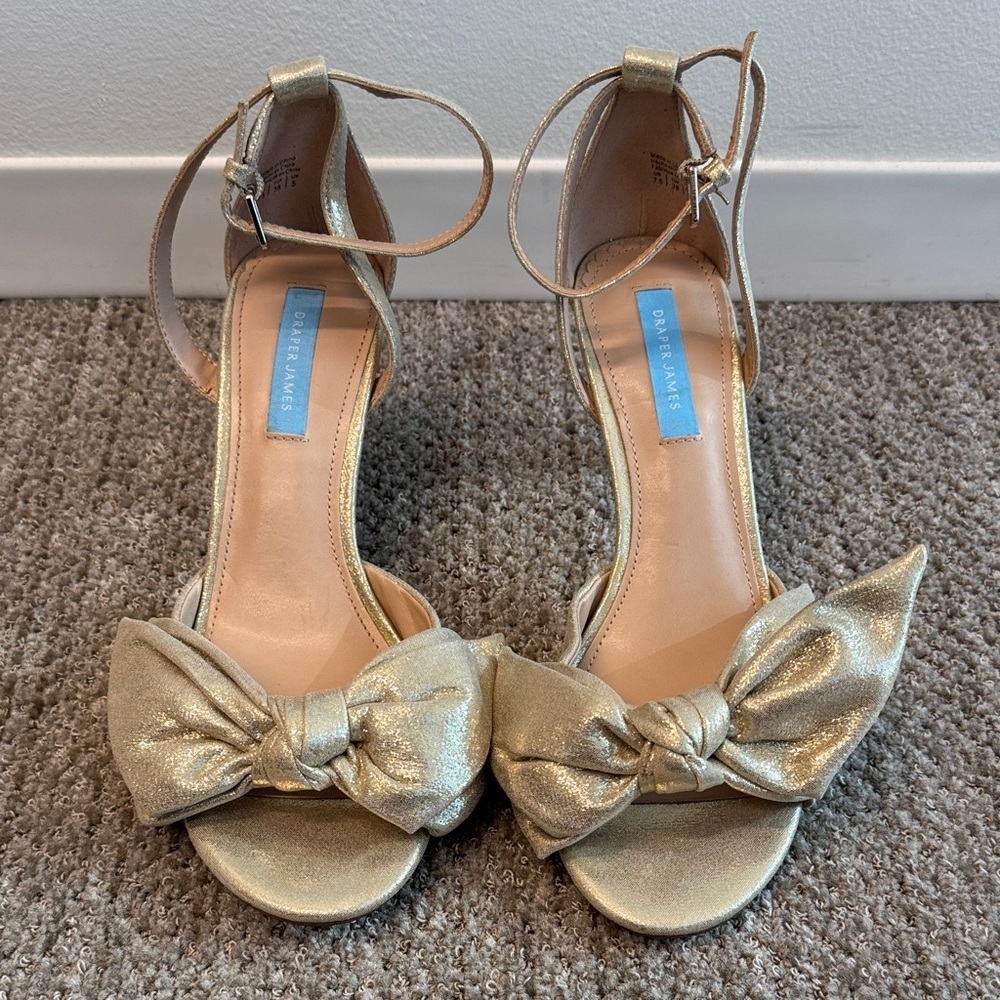 Draper James Gold Bow Open Toe Ankle Strap Heels